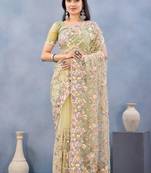 Light yellow floral embroidered work designer net saree sari
