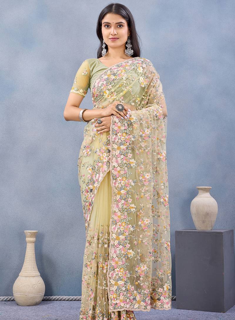 Light yellow floral embroidered work designer net saree sari