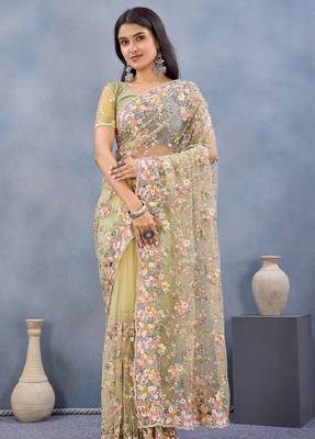 Light yellow floral embroidered work designer net saree sari 2