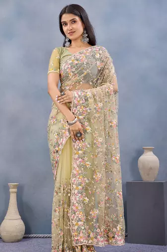 Light yellow floral embroidered work designer net saree sari