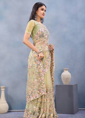 Light yellow floral embroidered work designer net saree sari 3