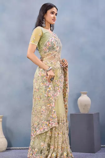 Light yellow floral embroidered work designer net saree sari