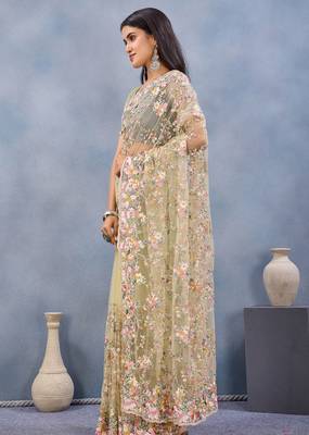 Light yellow floral embroidered work designer net saree sari 4