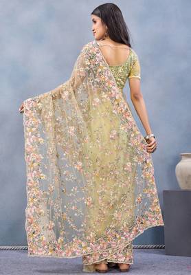 Light yellow floral embroidered work designer net saree sari 5