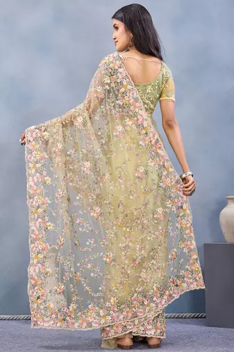 Light yellow floral embroidered work designer net saree sari