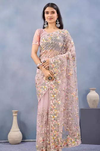 Pink floral embroidered work designer net saree sari