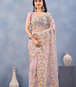 Pink floral embroidered work designer net saree sari
