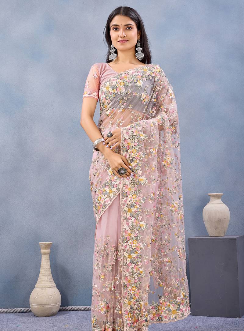 Pink floral embroidered work designer net saree sari
