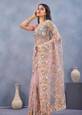 Pink floral embroidered work designer net saree sari 2