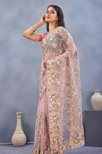 Pink floral embroidered work designer net saree sari