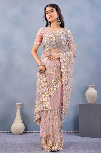 Pink floral embroidered work designer net saree sari