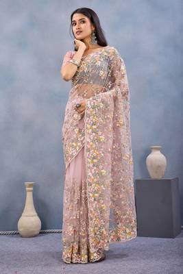 Pink floral embroidered work designer net saree sari 4