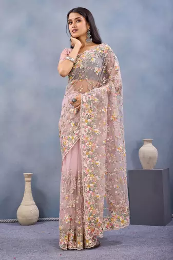 Pink floral embroidered work designer net saree sari