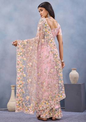 Pink floral embroidered work designer net saree sari 5