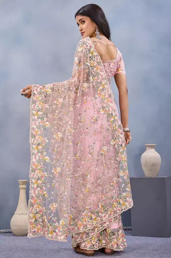 Pink floral embroidered work designer net saree sari