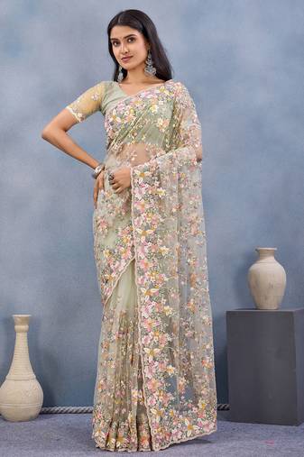 Pista green floral embroidered work designer net saree sari