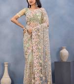 Pista green floral embroidered work designer net saree sari