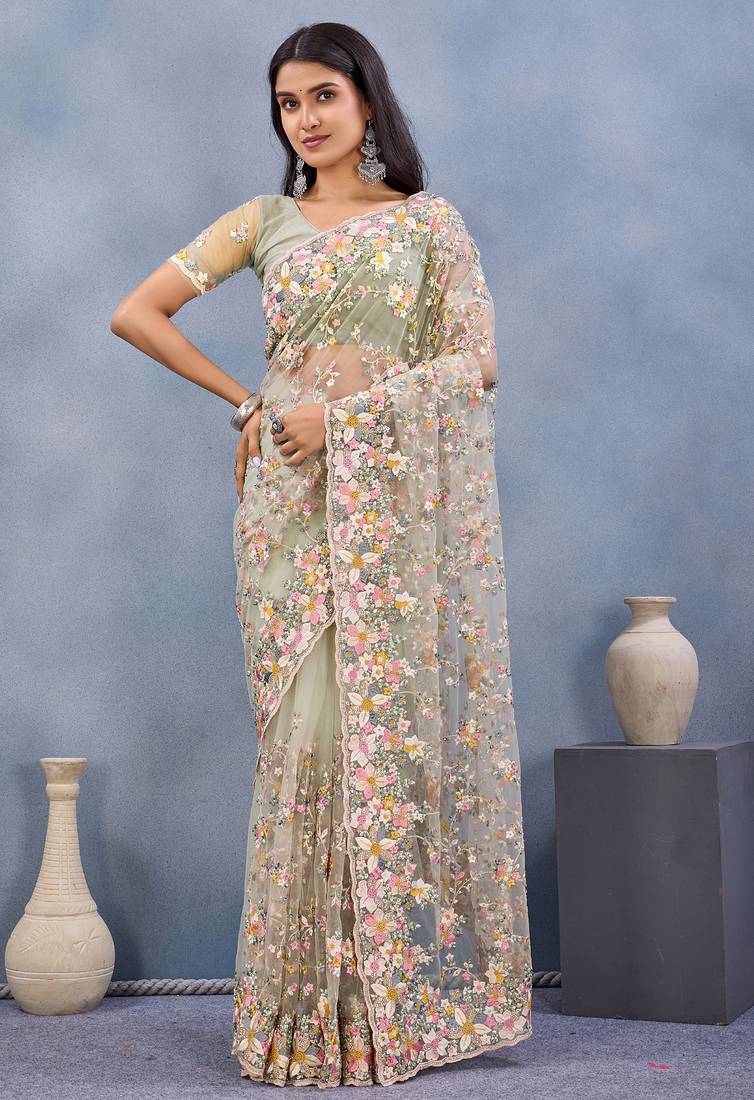 Pista green floral embroidered work designer net saree sari