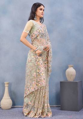 Pista green floral embroidered work designer net saree sari 2