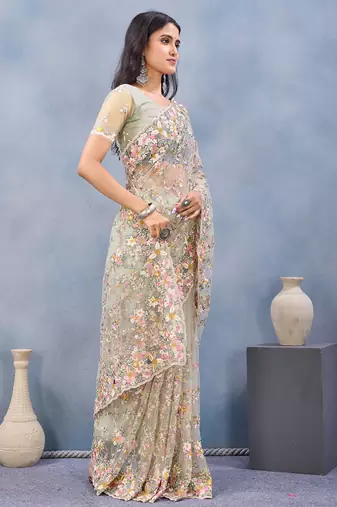 Pista green floral embroidered work designer net saree sari