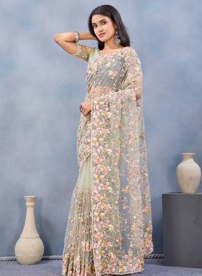 Pista green floral embroidered work designer net saree sari 3