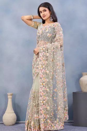 Pista green floral embroidered work designer net saree sari