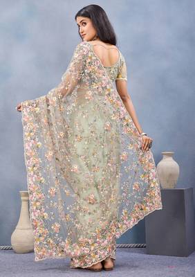 Pista green floral embroidered work designer net saree sari 4