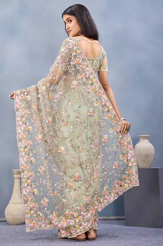 Pista green floral embroidered work designer net saree sari
