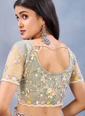 Pista green floral embroidered work designer net saree sari 5