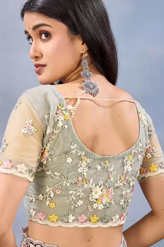 Pista green floral embroidered work designer net saree sari