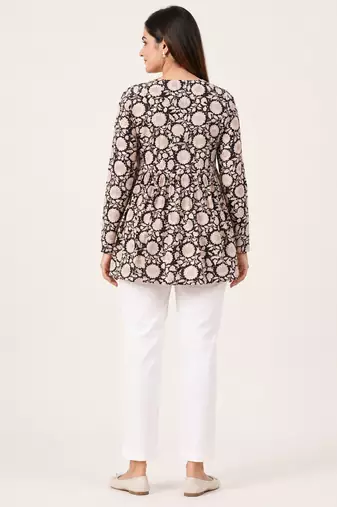 Anushil floral printed short kurti for women | cotton blend a-line tunic top | v-neck gathered top