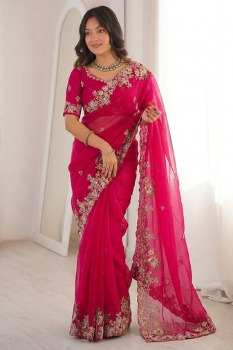 Pink Designer Fancy Embroidered Floral Border Saree