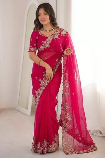 Pink Designer Fancy Embroidered Floral Border Saree