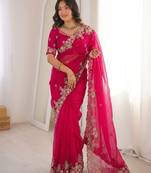 Pink Designer Fancy Embroidered Floral Border Saree