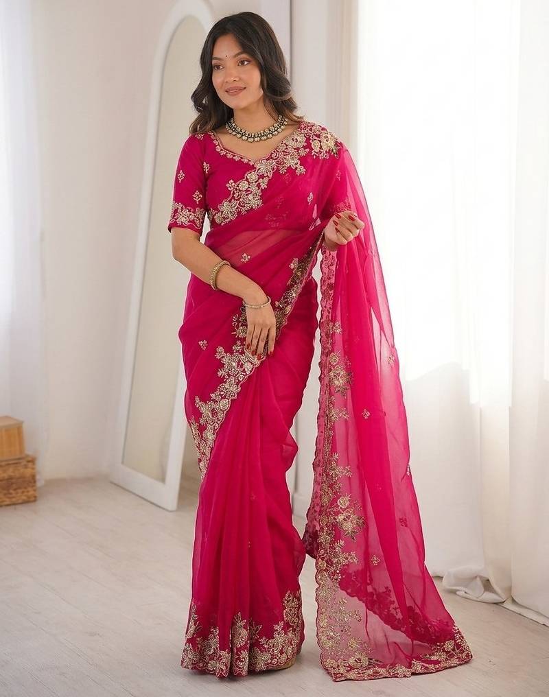 Pink Designer Fancy Embroidered Floral Border Saree