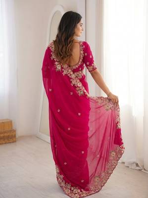Pink Designer Fancy Embroidered Floral Border Saree 3