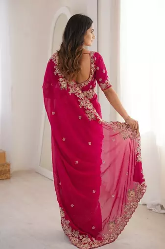 Pink Designer Fancy Embroidered Floral Border Saree