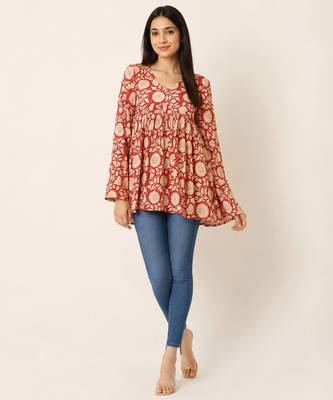 Anushil floral printed short kurti for women | cotton blend a-line tunic top | v-neck gathered top 1