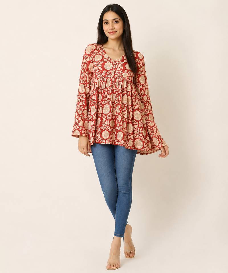 floral printed short kurti for women | cotton blend a-line tunic top