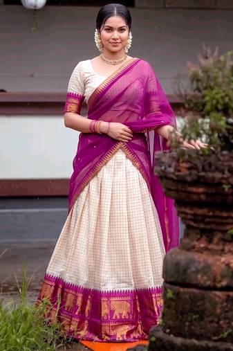 Traditional Checked Poly Cotton South Style Lehenga Choli with Dupatta