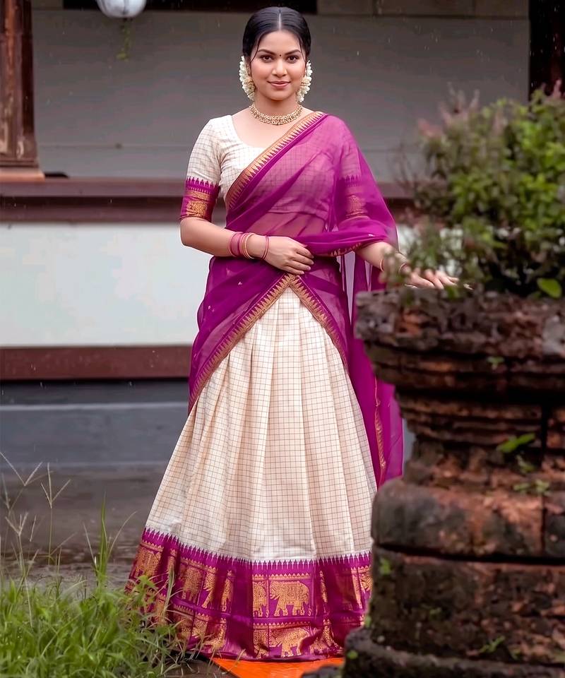 Traditional Checked Poly Cotton South Style Lehenga Choli with Dupatta