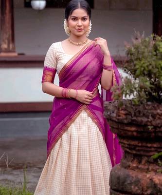 Traditional Checked Poly Cotton South Style Lehenga Choli with Dupatta 2