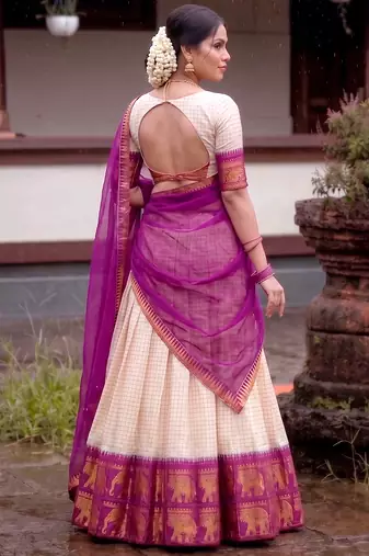 Traditional Checked Poly Cotton South Style Lehenga Choli with Dupatta