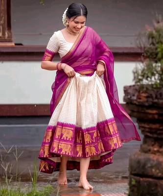 Traditional Checked Poly Cotton South Style Lehenga Choli with Dupatta 4