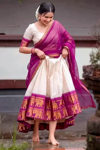 Traditional Checked Poly Cotton South Style Lehenga Choli with Dupatta