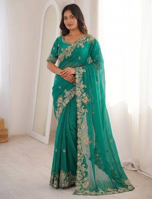 Green Designer Fancy Embroidered Floral Border Saree 1