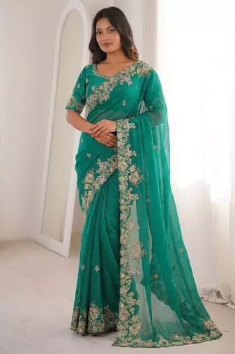 Green Designer Fancy Embroidered Floral Border Saree