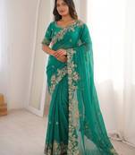 Green Designer Fancy Embroidered Floral Border Saree