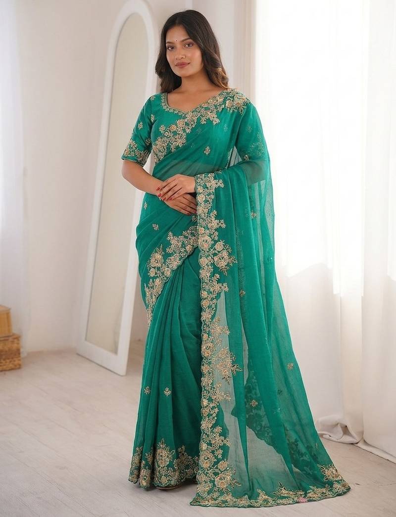 Green Designer Fancy Embroidered Floral Border Saree