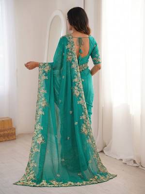 Green Designer Fancy Embroidered Floral Border Saree 3